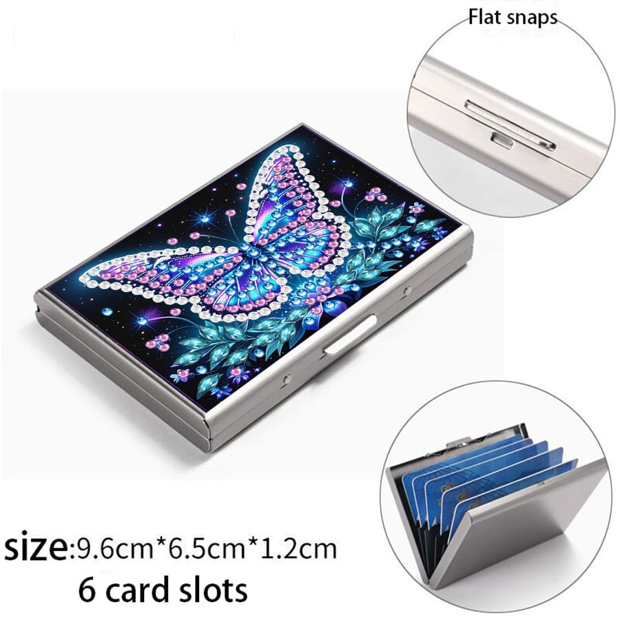 5D Diamond Painting Art Credit Card Holder Wallet, Stainless Steel Card Storage Bag with Butterfly Pattern, 3.8x2.55in with 6 Slots - Travel Business Gift for Adults Santiway