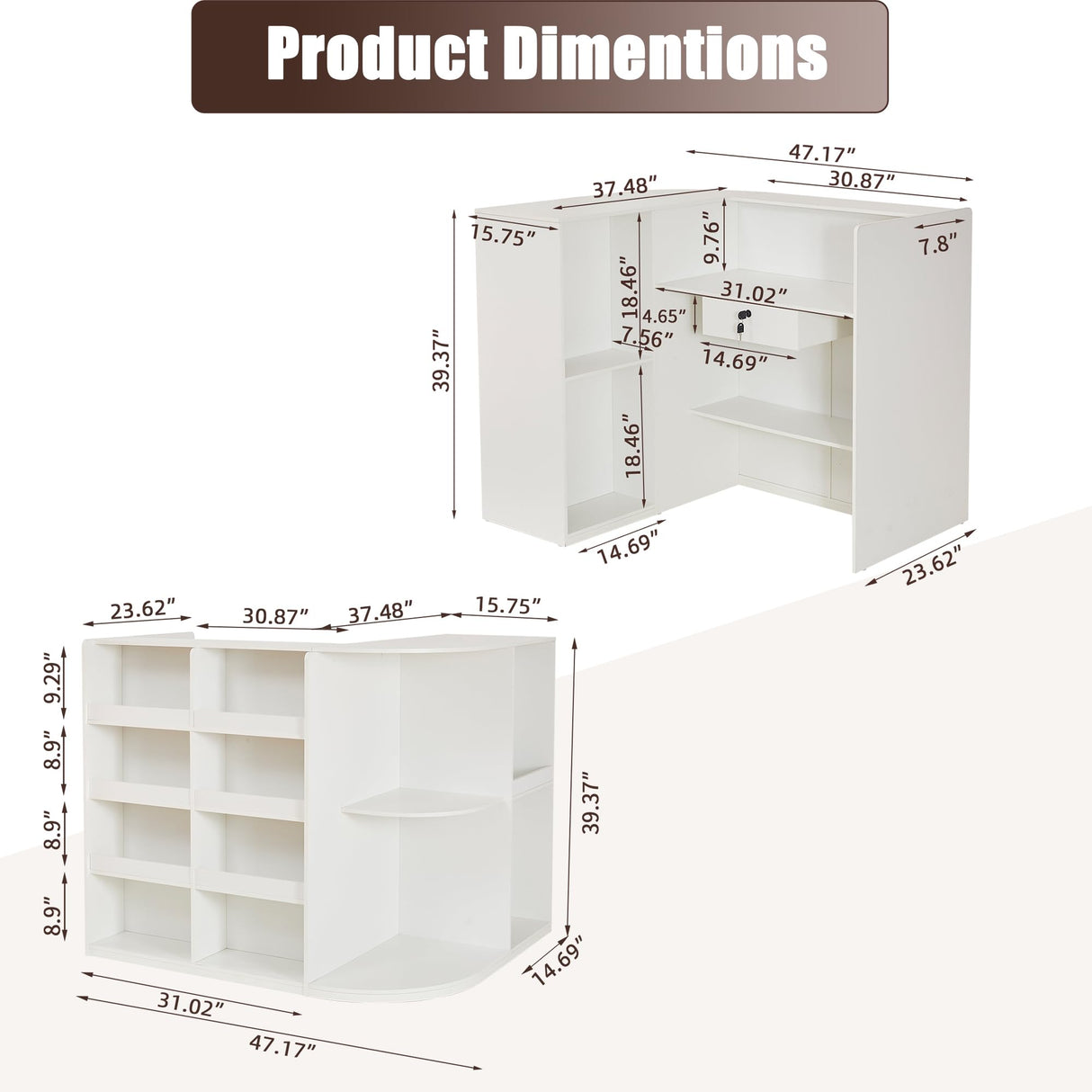 Zethvax Retail Counter,L Shaped Reception Desk for Retail Stores,Modern Checkout Counter with Storage Cabinet, Lockable Drawer, Display Shelves & Built-in Power Outlets Zethvax