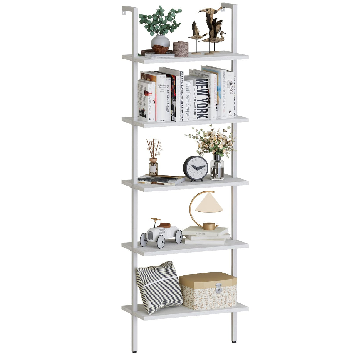 aboxoo Ladder Shelf White Wooden Bookshelf 5-Tier Wall-Mounted Open Wood Rack Industrial Modern Plant Flower Stand Utility Organizer Bookcase Metal Frame Furniture Office Kitchen Bedroom aboxoo