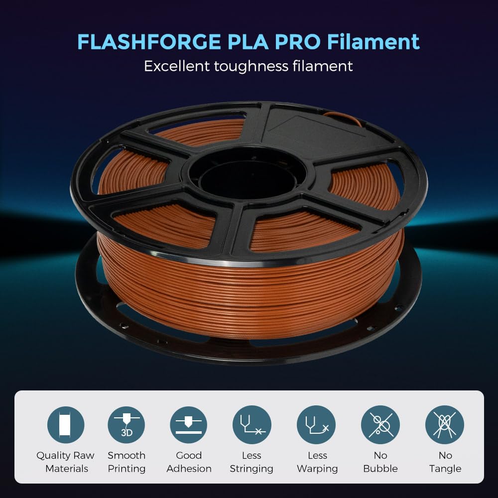 FLASHFORGE 3D Printer Filament, PLA PRO Filament 1.75mm, 1KG Spool (2.2lbs), Dimensional Accuracy +/- 0.02mm for FDM 3D Printers, Better Tenacity & No Knotting (Brown) FLASHFORGE