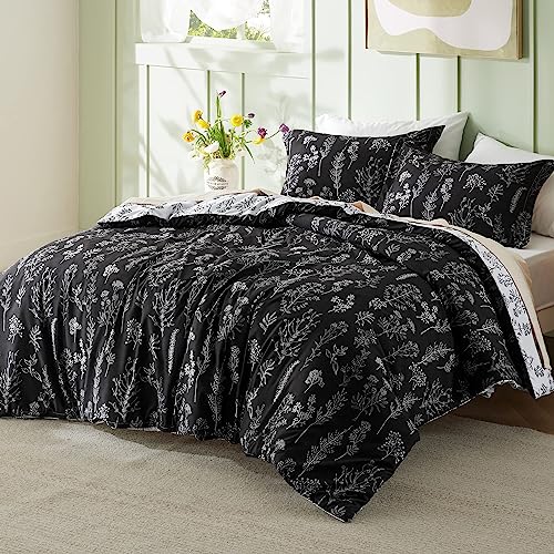 Bedsure Full Comforter Set - Black Bed Set, 3 Pieces Cute Floral Bedding, 1 Soft Reversible Botanical Flowers Comforter and 2 Pillow Shams Bedsure