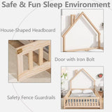 TURRIDU Full Size Montessori House-Shaped Floor Bed with Fence and Door in Natural Wood TURRIDU