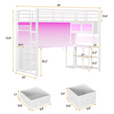 ADORNEVE Twin Size Loft Bed with L-Shaped Desk, Storage Drawers & RGB Arcylic Cabinet, Expanded Safety Power Outlet, Metal LED Loft Bed Frame with Wide Ladder, for Teen Girls, White ADORNEVE