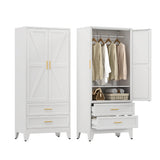 YAUWOH Farmhouse Wardrobe Cabinet with 2 Drawers,Metal Wardrobe Closet with Hanging Rod,Metal Armoire with Adjustable Shelves for Bedroom,Living Room, Cloak Room,Office (White) YAUWOH