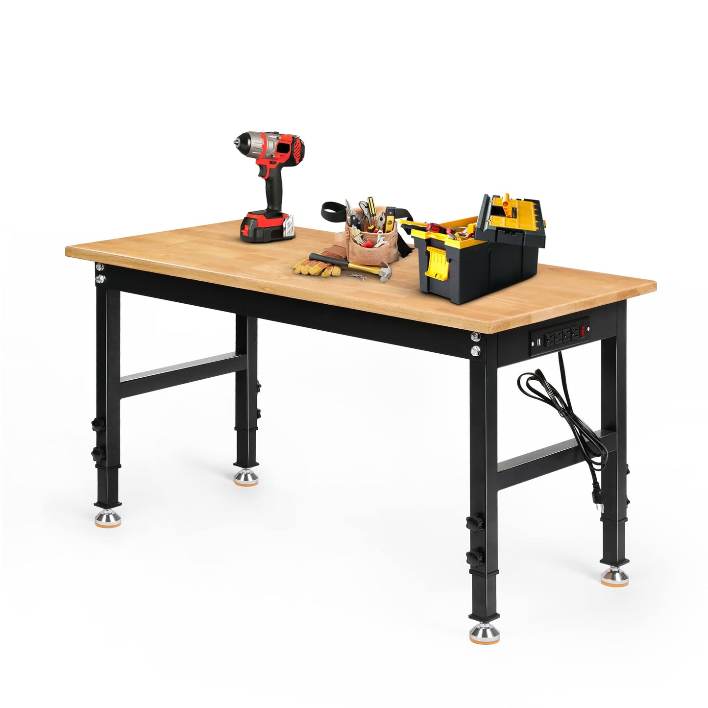 Betterhood Adjustable Height Workbench, 48" Rubber Wood Top Heavy Duty Workstation with Power Outlets, 2000 LBS Load Capacity Hardwood Worktable for - WoodArtSupply