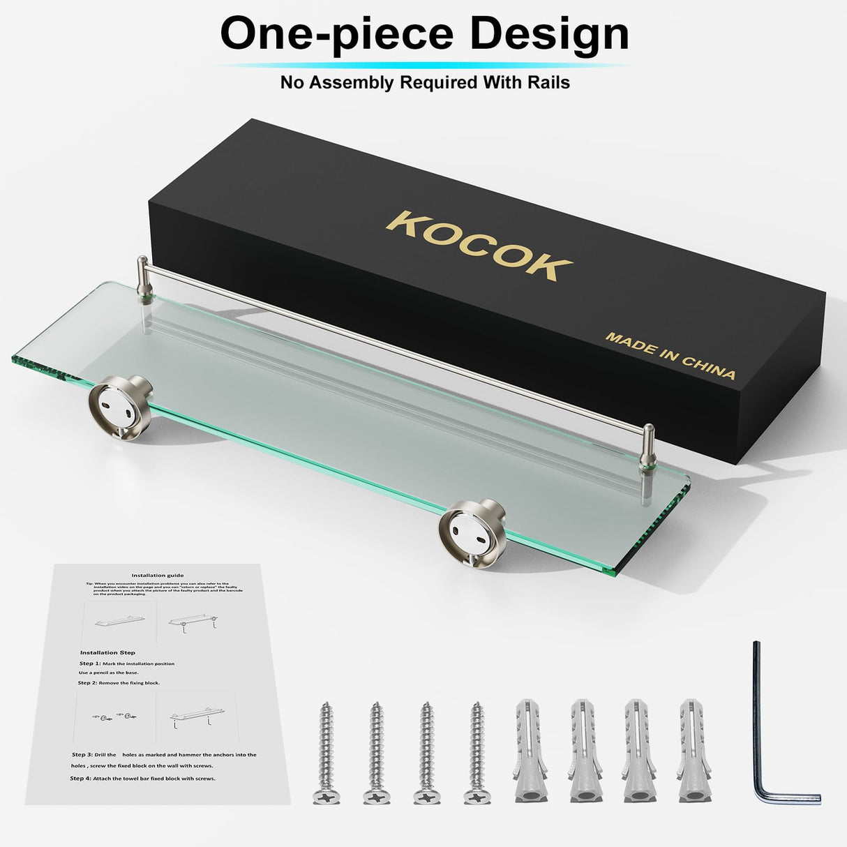 KOCOK 20 Inches Glass Shelves for Bathroom, Brushed Nickel Floating Glass Shelf Stainless Steel Tempered Glass Bathroom Shelves for Wall Mount Modern KOCOK