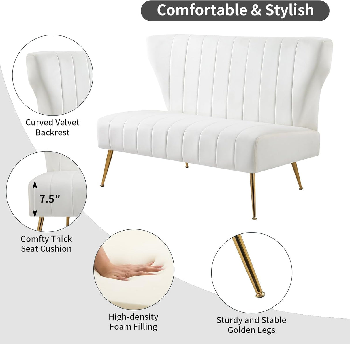 ZJhome 50’’ Armless Loveseat Sofa, Comfy Upholstered Velet Small Couch Sofa with Gold Legs, 2 Seater Tufted Modern Couch for Living Room, Bedroom, Apartment Small Space (White) ZJhome