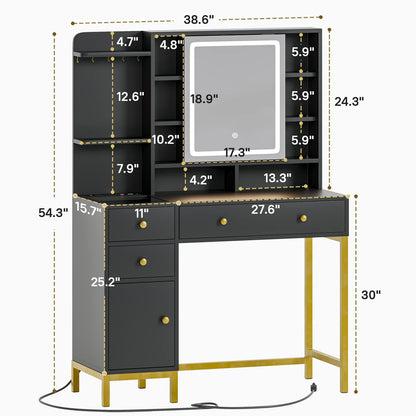 VIAGDO Vanity Desk with Openable Mirror and Lights, Black Makeup Vanity with Lights & Charging Station, Bedroom Vanity Table with 3 Drawers, Hooks, Hidden Storage Shelves - WoodArtSupply