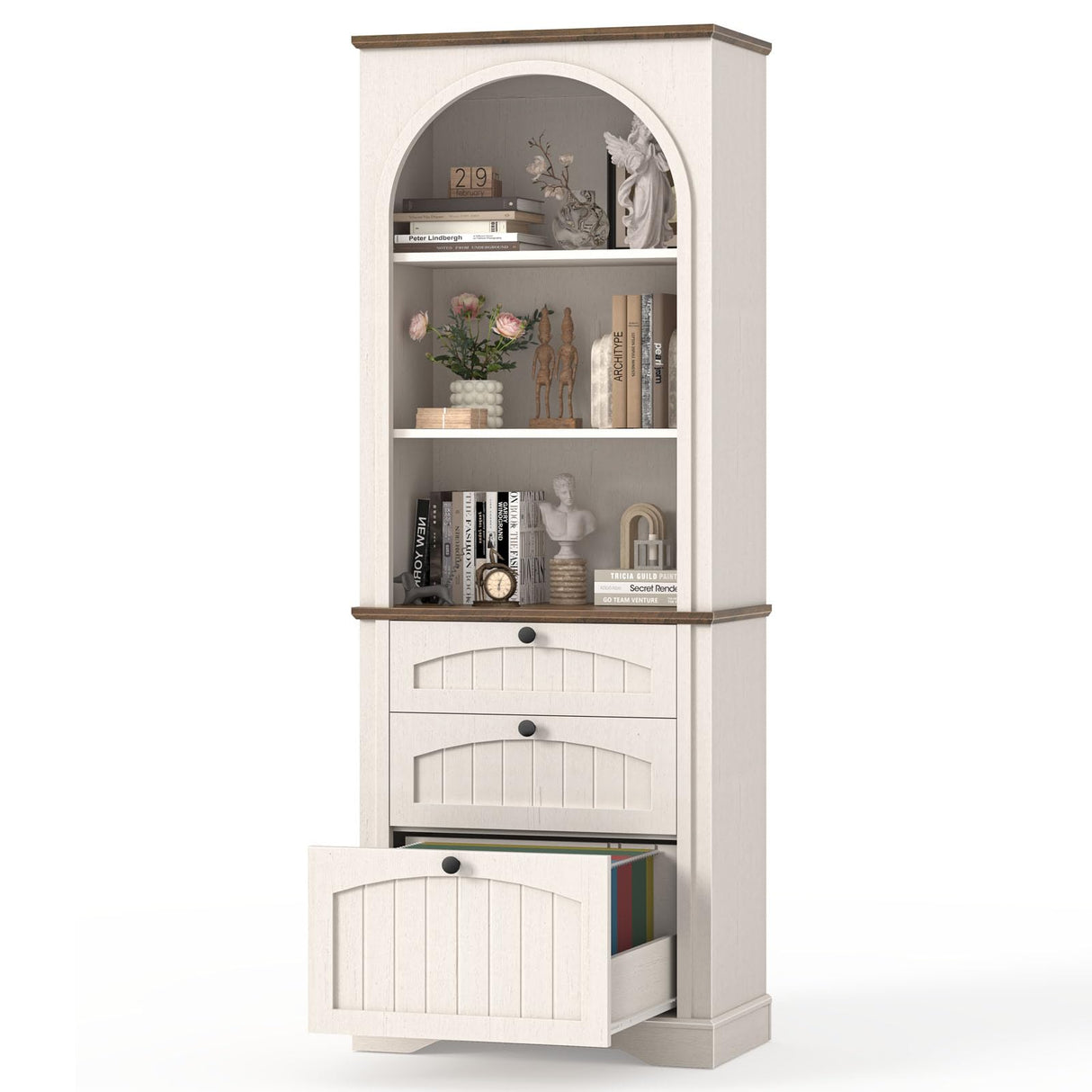 Bookshelf with File Drawers for Letter/A4/Legal Size Hanging Files, 68" Tall Farmhouse Bookcase with 3-Tier Open Shelves, Wood Floor Display Storage Cabinet for Home Office, Living Room, Rustic White Vabches