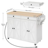 HOOBRO 43.3 Inch Kitchen Island with Charging Station, Rolling Kitchen Island with Storage, Kitchen Island Cart with Spice Rack and Hooks, for Kitchen, Living Room, White and Natural WN11UZD01 HOOBRO