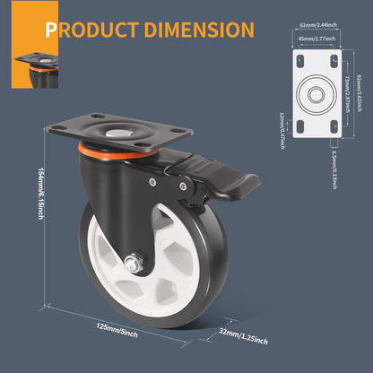 Wheels,5 Inch Caster with Brake, Casters Set of 4 Heavy Duty 2000Lbs with Safety Dual Locking, Industrial Swivel Casters, Polyurethane No Noise Wheels for Cart, Workbench(2 Hardware Kits Included)