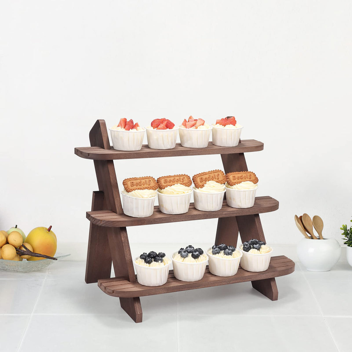 Wooden Display Riser,3 Tier Earring & Ring Holder Stands,Farmhouse Cupcake Stands ,Table Display Stand For Vendors,Organizer Showcase for Tabletop Shows and Home Using ,Wood Rustic Risers (Walnut) WHEARTED