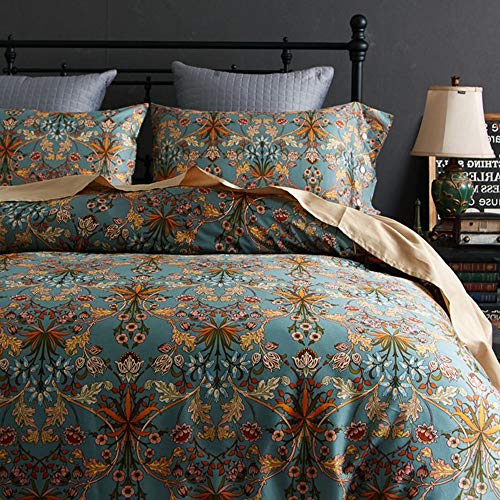 VM VOUGEMARKET Bohemia Duvet Cover Set King,3 Piece Long Staple Cotton Comforter Cover with Zipper Closure,Green Golden Elegant Bedding Set-Carol,King VM VOUGEMARKET
