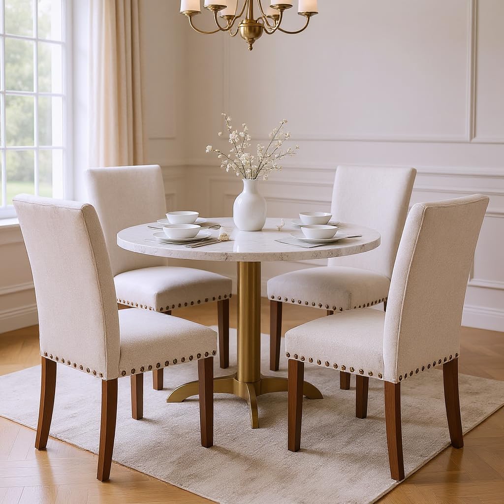 Set of 6 Beige Upholstered Dining Chairs – Farmhouse Kitchen Chairs with High Back, Solid Rubberwood Legs, Padded Foam Seat & Bronze Nailhead Trim, Comfortable Dining Room Chairs for Home COLAMY