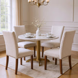 Set of 6 Beige Upholstered Dining Chairs – Farmhouse Kitchen Chairs with High Back, Solid Rubberwood Legs, Padded Foam Seat & Bronze Nailhead Trim, Comfortable Dining Room Chairs for Home COLAMY