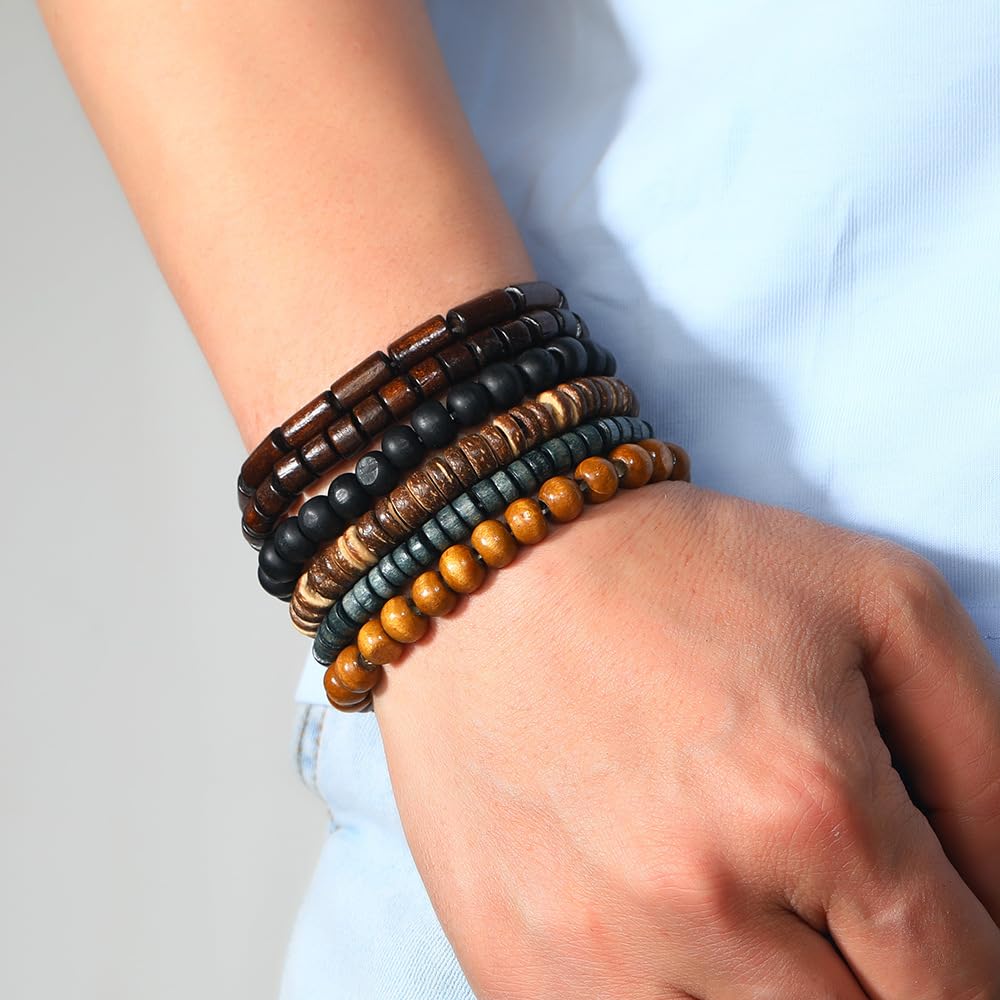 JAVMOO Wooden Beads Bracelet for Men Leather Wrap Hemp Cords Wood Beads Ethnic Tribal Bracelets Wooden Wristbands JAVMOO