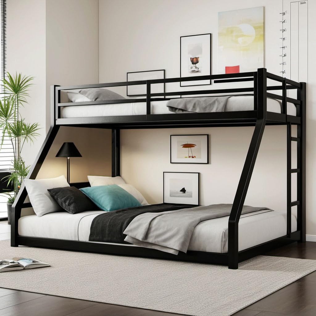 UOCFYK Twin XL Over Queen Bunk Bed for Teens and Adults, Heavy-Duty Metal Bunk Bed Frame with Full Length Guardrail and Ladder, Noise Reduced & No Box Spring Needed, Black UOCFYK