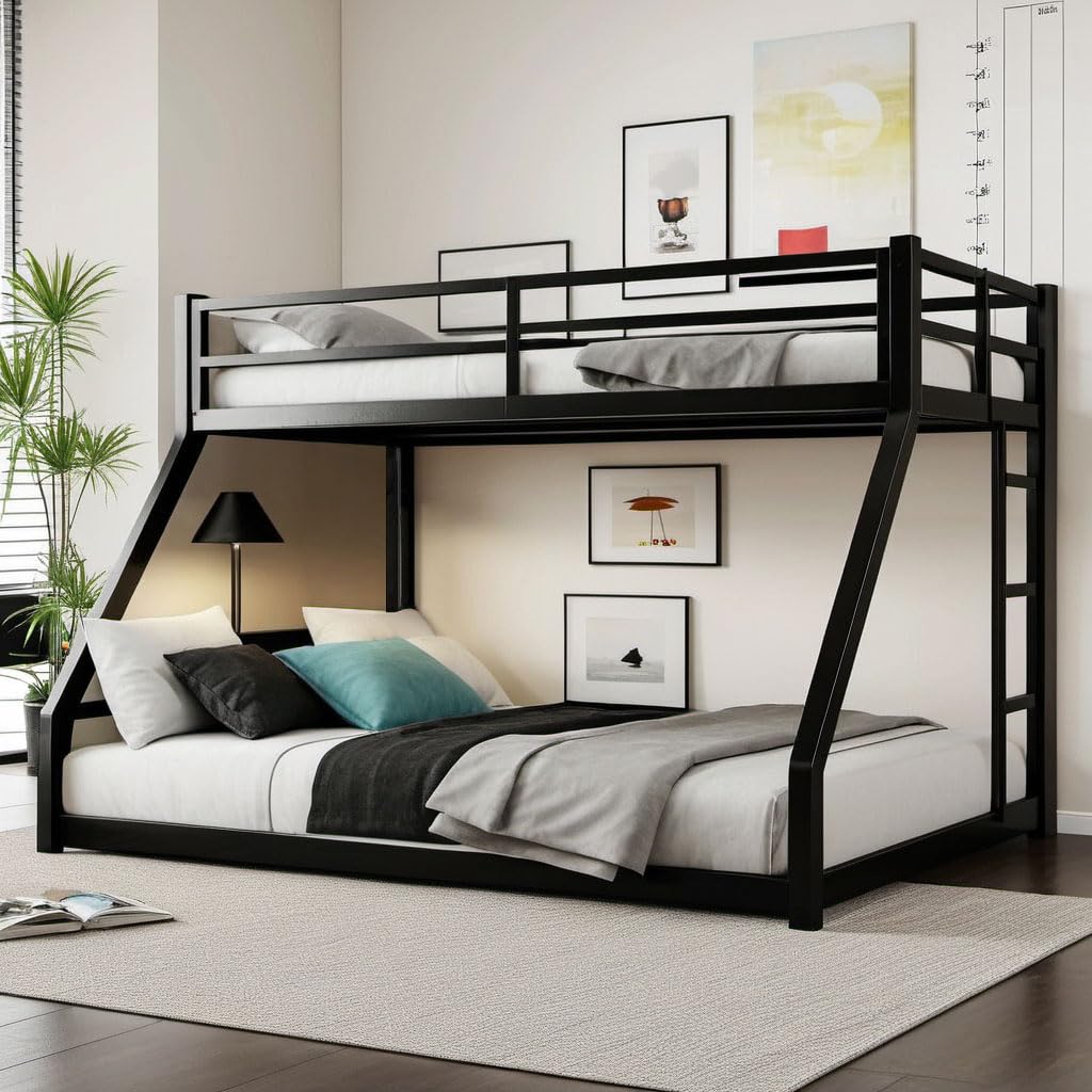 UOCFYK Twin XL Over Queen Bunk Bed for Teens and Adults, Heavy-Duty Metal Bunk Bed Frame with Full Length Guardrail and Ladder, Noise Reduced & No Box Spring Needed, Black