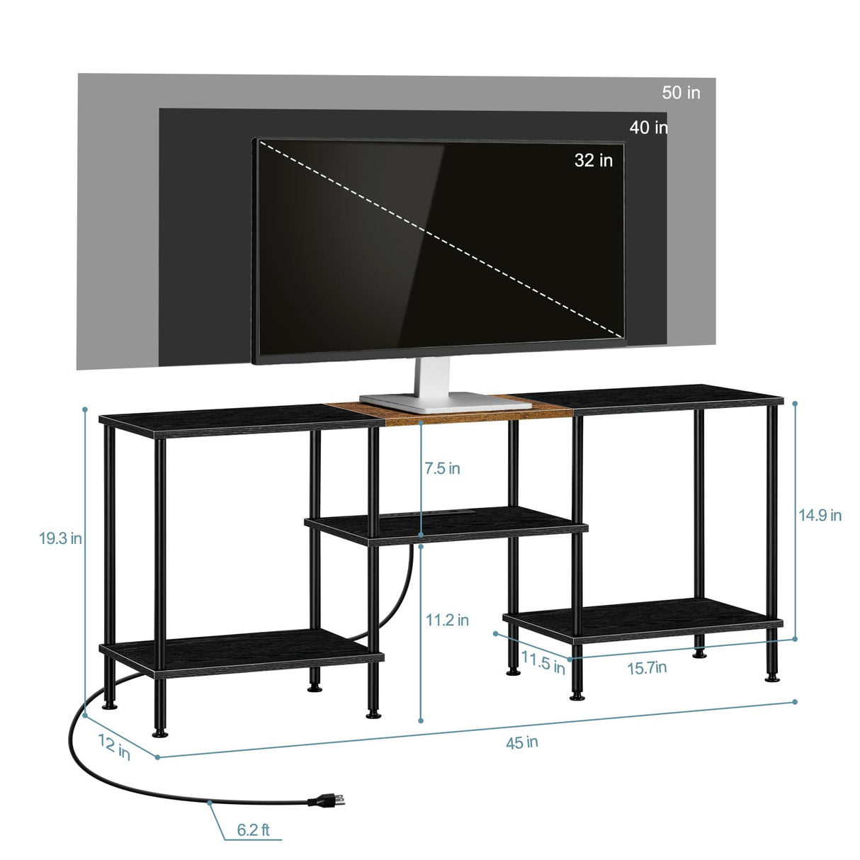 TV Stands for Living Room 50 inch TV Stand with Power Outlet Entertainment Center with Storage 3 Tier TV Console Table for 50 43 40 32 inch TV, Black Luplom