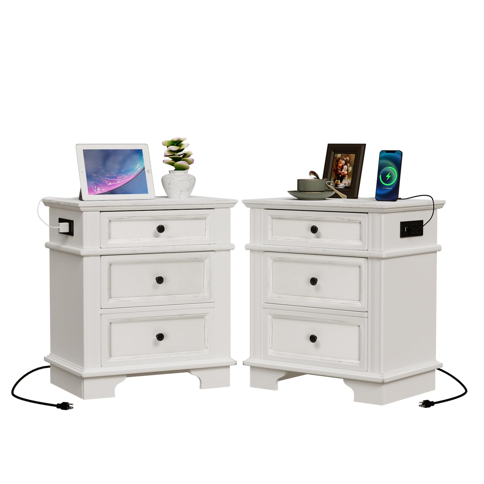 VINGLI White Nightstand Set of 2, 24" W Nightstand with Charging Station, 3 Drawer Nightstand with Textured Drawers, Large Nightstand Wood, Bedroom Nightstand, Bedside Table,Vintage Night Sta - WoodArtSupply