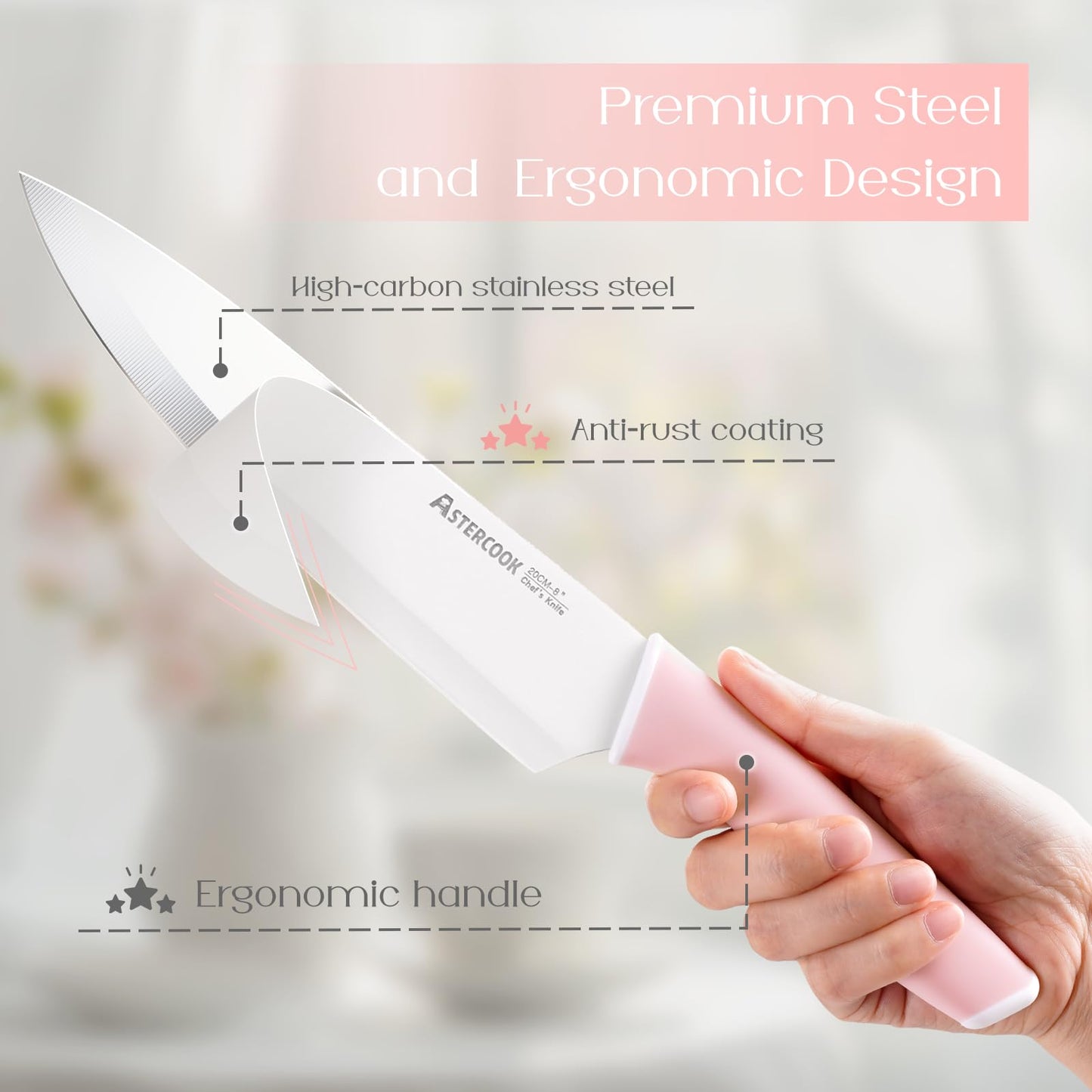 Astercook Knife Set, Kitchen Knives Set with Block and Sharpener Ceramic Coating 15 Pcs German Stainless Steel Knives Sharp Blade Dishwasher Safe Knife Block Set with Ergonomic Handle, Crystal Pink