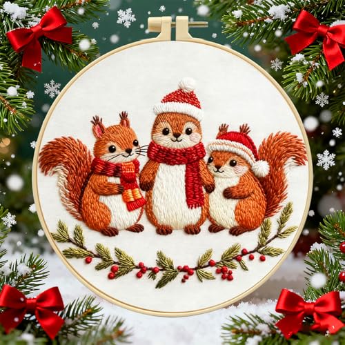 Zhenqing Three Christmas Squirrels Embroidery Kit for Beginners, Pre-Printed 29x29cm Circular Cotton Fabric with 20cm Hoop, Festive Animal Holiday Decor (C0198)