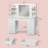 HAUOMS Vanity with Lights and Mirror, 11 Drawer Makeup Vanity with Power Strip, 6 Open Shelves, 43.3” Vanity Desk with Storage, Dressing Table with 3 Color Modes for Bedroom, Women, Girls (White) HAUOMS