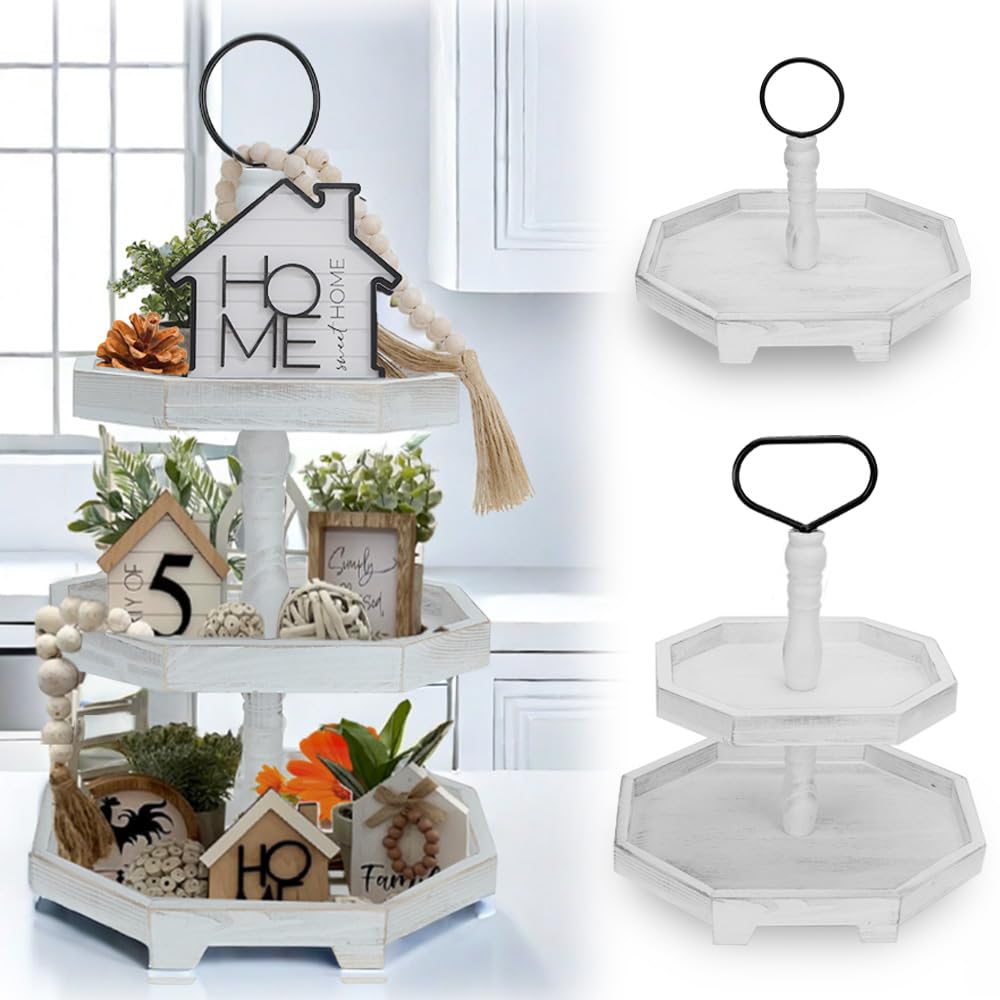 3 Tiered Tray Stand White Tier Serving Tray, Three Decorative Trays, Wooden Cupcake Stand 3 Tiered Farmhouse Tray for Home Decor(L 13.8” W 12.5” H 21.8”) MRPAPA