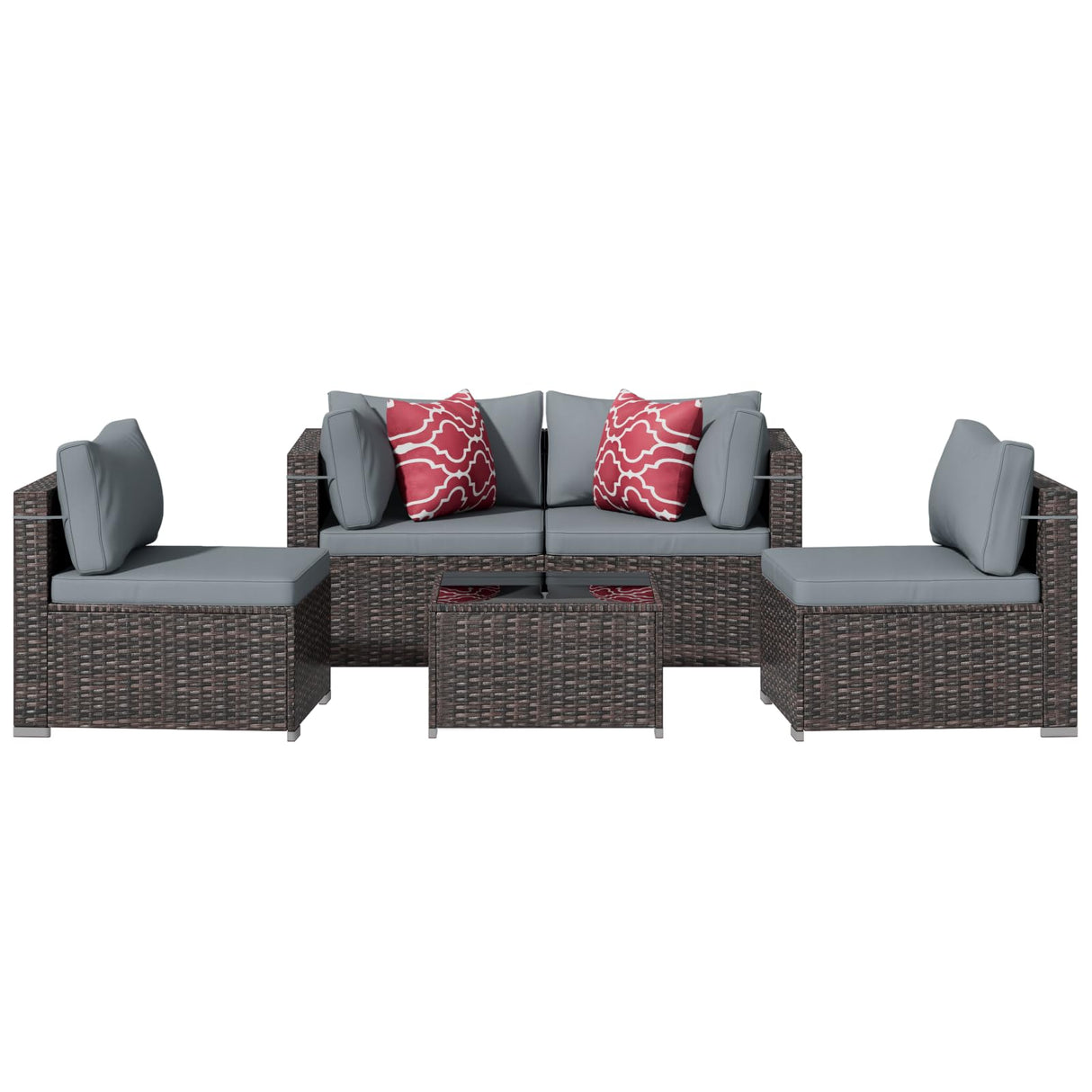 Tradare 5 Pieces Outdoor Patio Furniture Set, Wicker Patio Conversation Sectional Sofa Set, All Weather PE Rattan Sofa with Glass Table and Grey Cushions Tradare