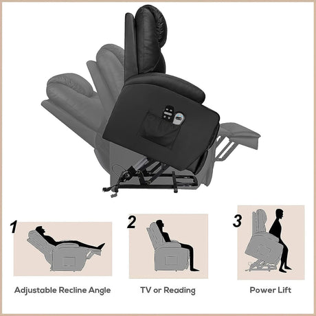Flamaker Power Lift Recliner Chair PU Leather with Massage for Elderly Ergonomic Lounge Chair Classic Single Sofa with 2 Cup Holders Side Pockets Home Theater Seat (Leather, Light Black) Flamaker