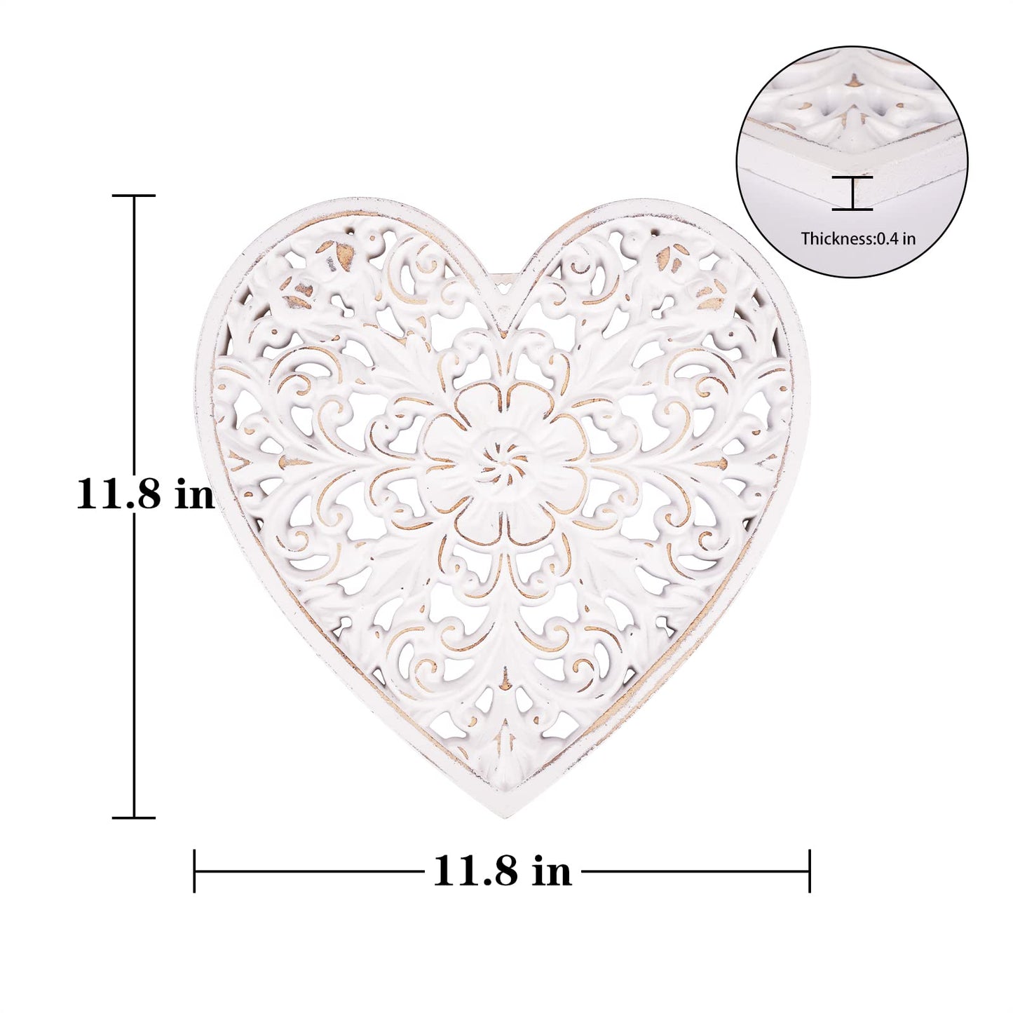 Kvintes Wood Wall Panel Hanging Decor, Medallion Wall Décor Art, 12" Heart-shaped Decorative Carved Floral-Patterned Distressed White MDF Sculpture Wall Panel for Your Room or Office