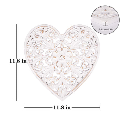 Kvintes Wood Wall Panel Hanging Decor, Medallion Wall Décor Art, 12" Heart-shaped Decorative Carved Floral-Patterned Distressed White MDF Sculpture Wall Panel for Your Room or Office