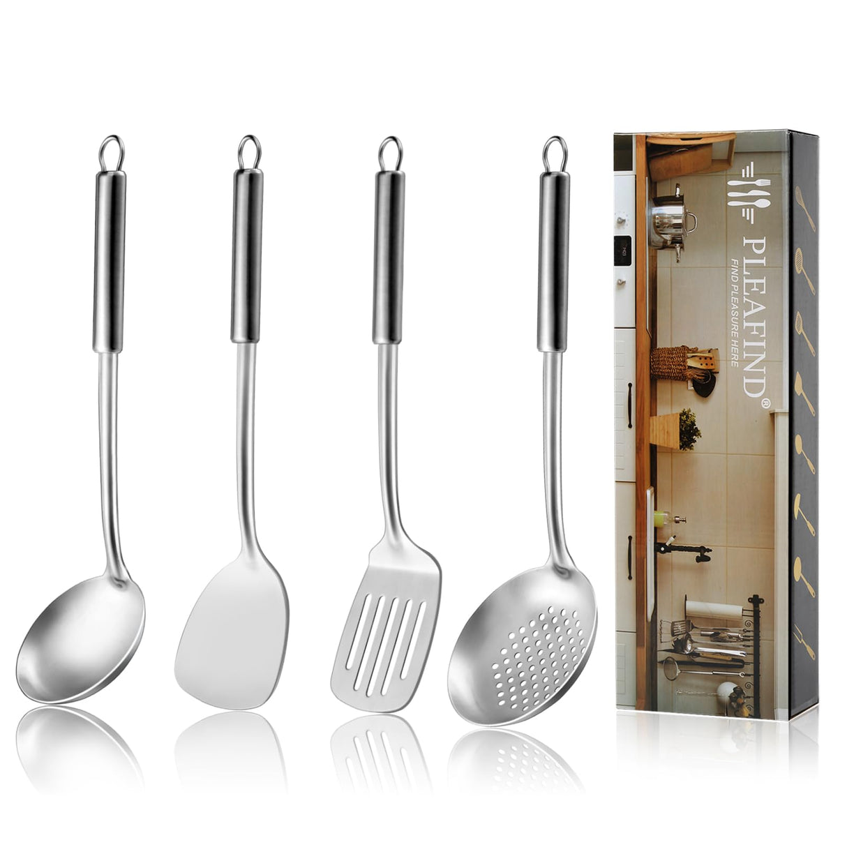 Pleafind 4-Pcs Cooking Utensils Set, Stainless Steel Kitchen Utensils, Wok Utensils Set Include Wok Ladle, Slotted Spoon, Wok Spatula and Slotted Spatula, Dishwasher Safe Pleafind