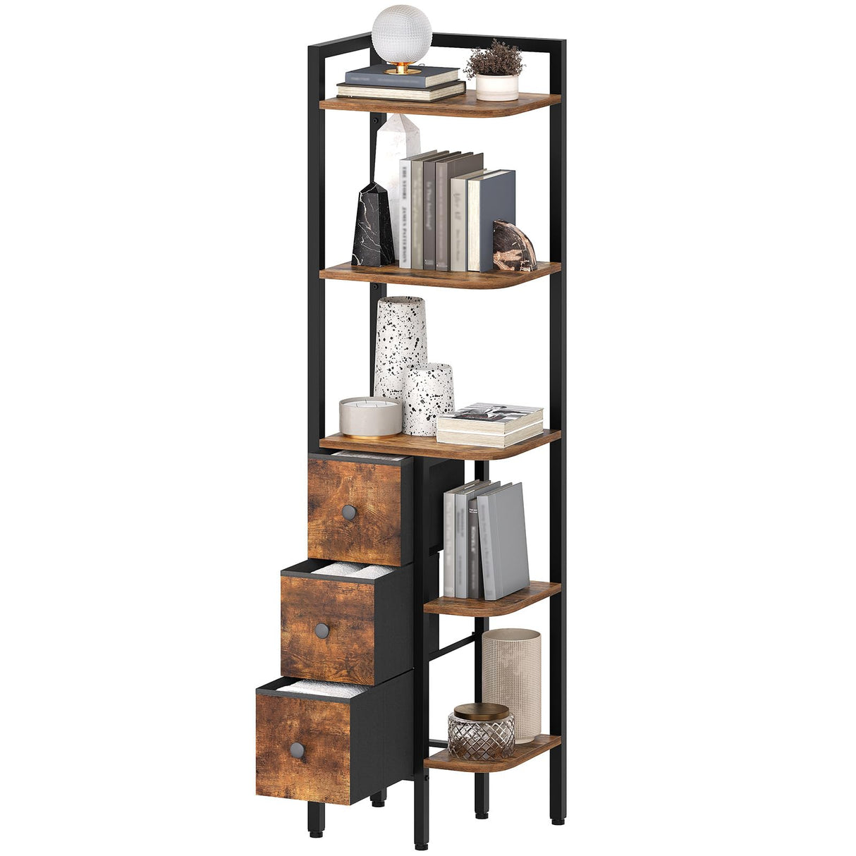 YATINEY Corner Shelf Stand, 5-Tier Corner Bookshelf with 3 Drawers, Industrial Display Shelf for Narrow Spaces, Wooden Small Bookcase, Easy Assembly, Rustic Brown and Black CJ10BR YATINEY