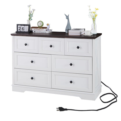 LDTTCUK Dresser for Bedroom with 7 Deep Drawers, Modern Dresser with Charging Station 7 Chest of Drawers, Wood Storage Organizer Dresser, Nursery Dresser for Living Room, Hallway, Solid White - WoodArtSupply