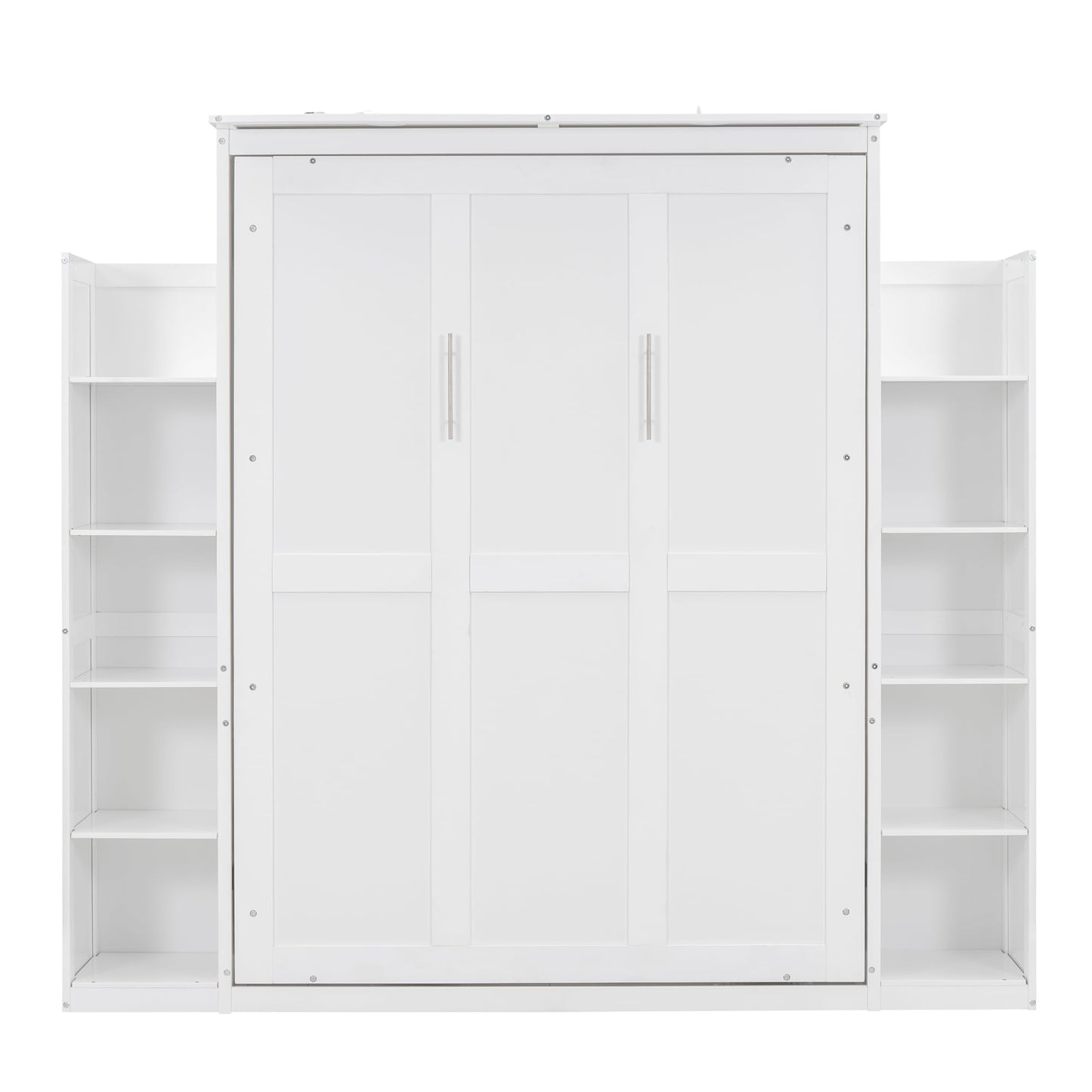 SOFTSEA Full-Size Murphy Bed Wardrobe with Shelves & LED Lights, Space-Saving Wood Frame in White - WoodArtSupply