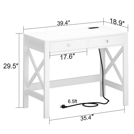 ChooChoo Computer Desk with USB Charging Ports and Power Outlets, 39" White Desk with Drawers, Small Study Writing Table with Stable X Frame for Home Office ChooChoo