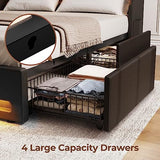 Rolanstar Full Bed Frame with LED Lights and Charging Station, PU Leather Bed with Drawers, Wooden Slats, Noise Free, Easy Assembly, Black Rolanstar