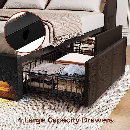 Rolanstar Twin Bed Frame with LED Lights and Charging Station, PU Leather Bed with Drawers, Wooden Slats, Noise Free, Easy Assembly, Black Rolanstar