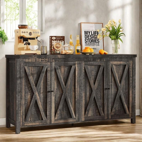 DWVO 55'' Sideboard Buffet Cabinet with Storage, Farmhouse Kitchen Storage Cabinet with 4 Doors, Large Coffee Bar Cabinet with Adjustable Shelves for Kitchen, Living Room, Dark Oak DWVO