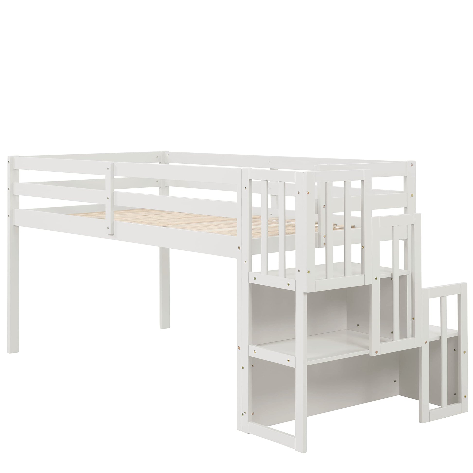 CITYLIGHT Twin Low Loft Bed with Staircase and Storage, White Wood Frame for Kids - WoodArtSupply