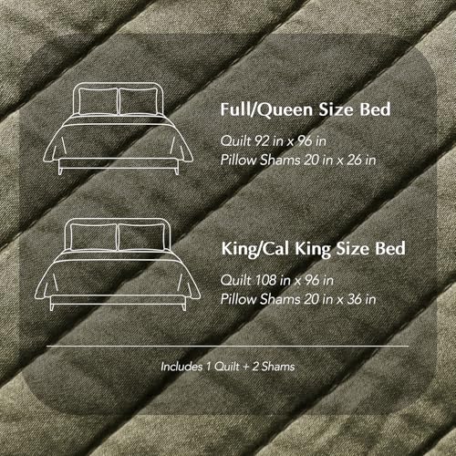 EVERGRACEHOME Cotton Sateen Quilt Set King Size, Pre-Washed Cotton Channel Stitch Coverlet Bedspread, 3 Pieces Lightweight Soft Bedding Sets for All Season, with 2 Pillow Shams, Olive Green EVERGRACEHOME