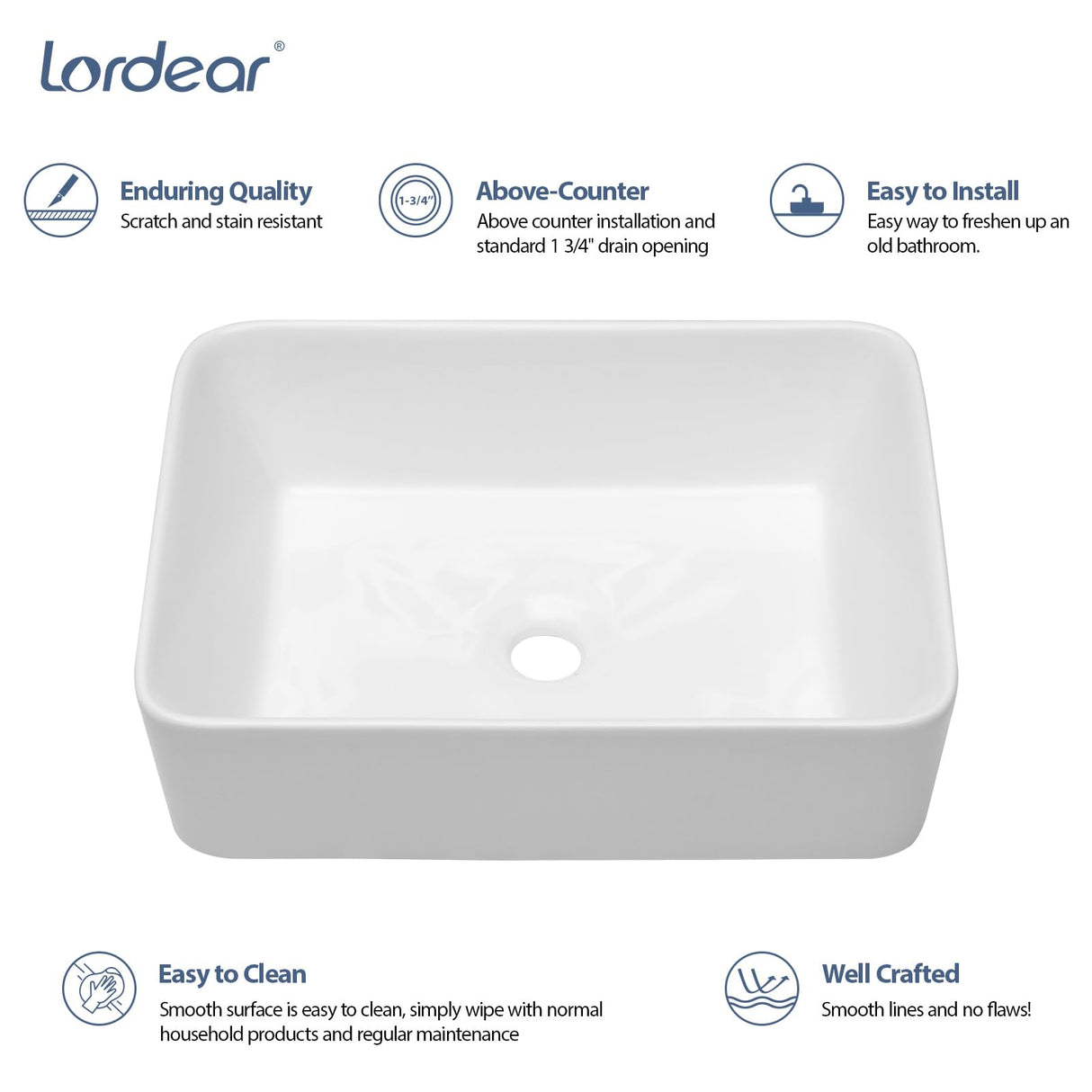 Lordear Vessel Sink Rectangle 19 Inch Bathroom Sink,Rectangular Modern Above Counter Bathroom Sinks White 19x15 Inch Porcelain Ceramic Vessel Vanity Sink Art Basin Lordear