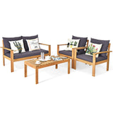 Tangkula Outdoor 4-Piece Acacia Wood Chat Set, 4 Seater Acacia Wood Conversation Sofa and Table Set with Waterproof Furniture Cover, Teak Finished (1, Grey) Tangkula