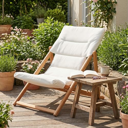 DAYAOUTDOOR Folding Wooden Lounge Chairs Set of 2, Outdoor Adjustable Reclining Patio Beach Chair with Thick Cushion, Portable Deck Lounge Chair for Backyard Lawn Pool Camping Balcony, Beige