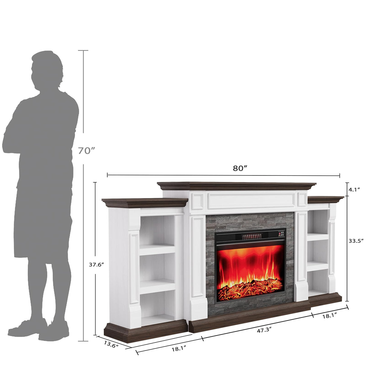 LGHM 80" Electric Fireplace with Mantel, Fireplace TV Stand for TVs Up to 90 Inch, Farmhouse Entertainment Center with Storage, Realistic Stacked Stone Surround with Remote Control for Living Room LGHM