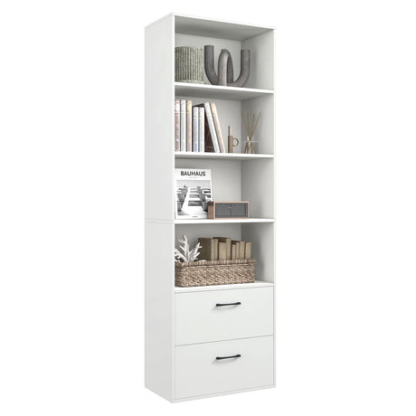 Tangkula 4 Shelf Bookcase with 2 Drawers, 74 Inch 4 Tiers Tall Open Bookshelf with 2 Slide-Out Drawers, Anti-toppling Device, Freestanding Wood Storage Shelf for Home Office (White, 74" H) Tangkula
