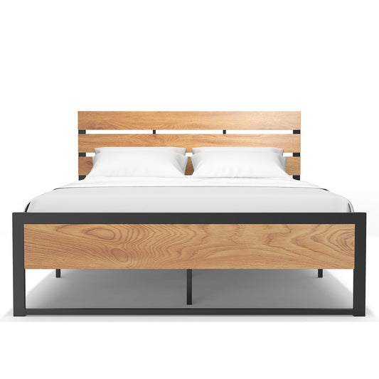 BONSOIR King Size Steel Platform Bed Frame with Wood Headboard – Easy Assembly, No Box Spring Required, Squeak-Free Design - WoodArtSupply