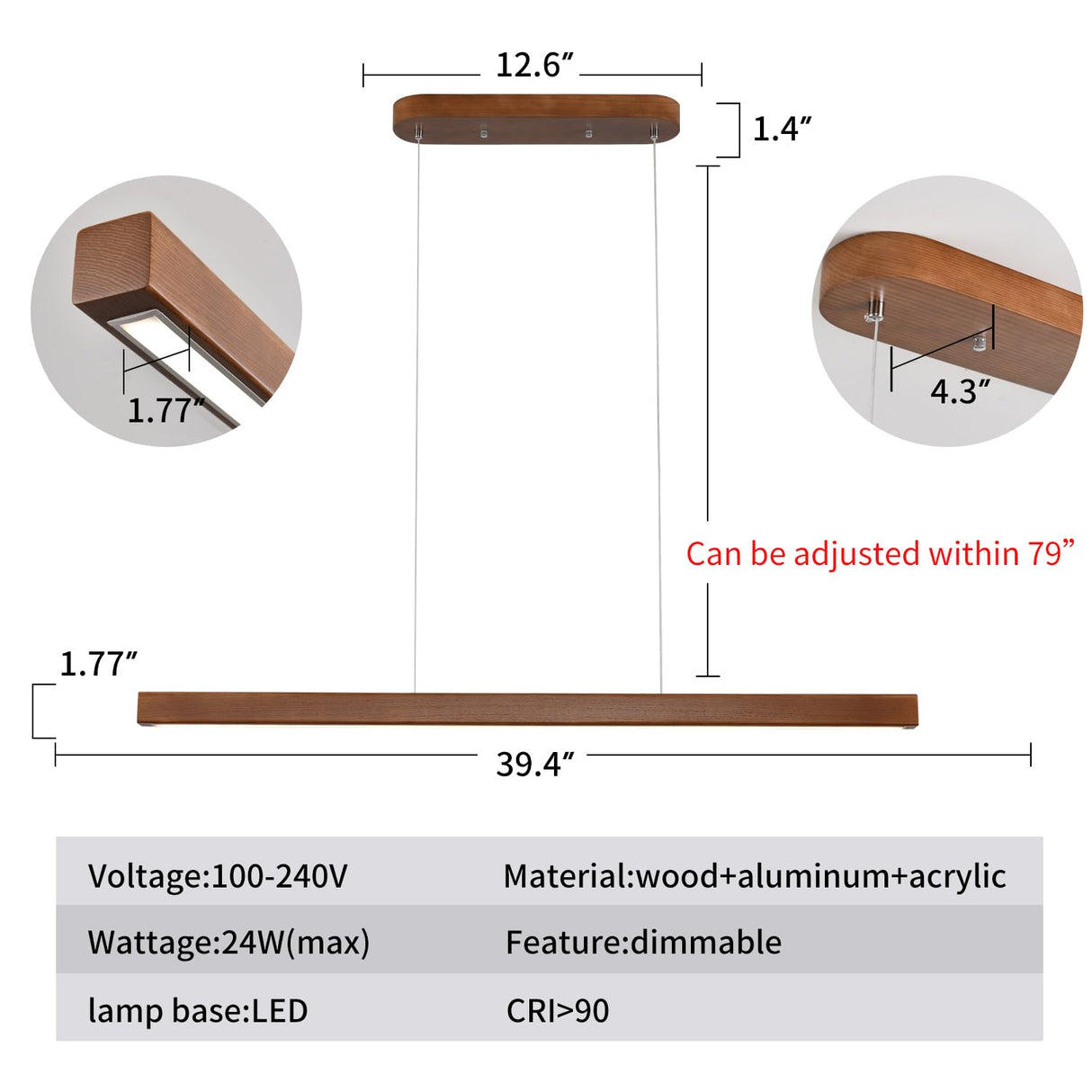 YISDESIGN 39" Wood Linear Pendant Light Modern LED Dimmable Ceiling Hanging Light Fixture Wood Linear Chandeliers 24w for Dining Room Kitchen Island Pool Table Bar Walnut Color (with Remote Control) YISDESIGN