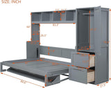 MERITLINE Queen Murphy Bed with Wardrobe Closet,2 Drawer,4 Storage Open Shelves,Wood Folding Murphy Wall Bed Cabinet (Grey) MERITLINE